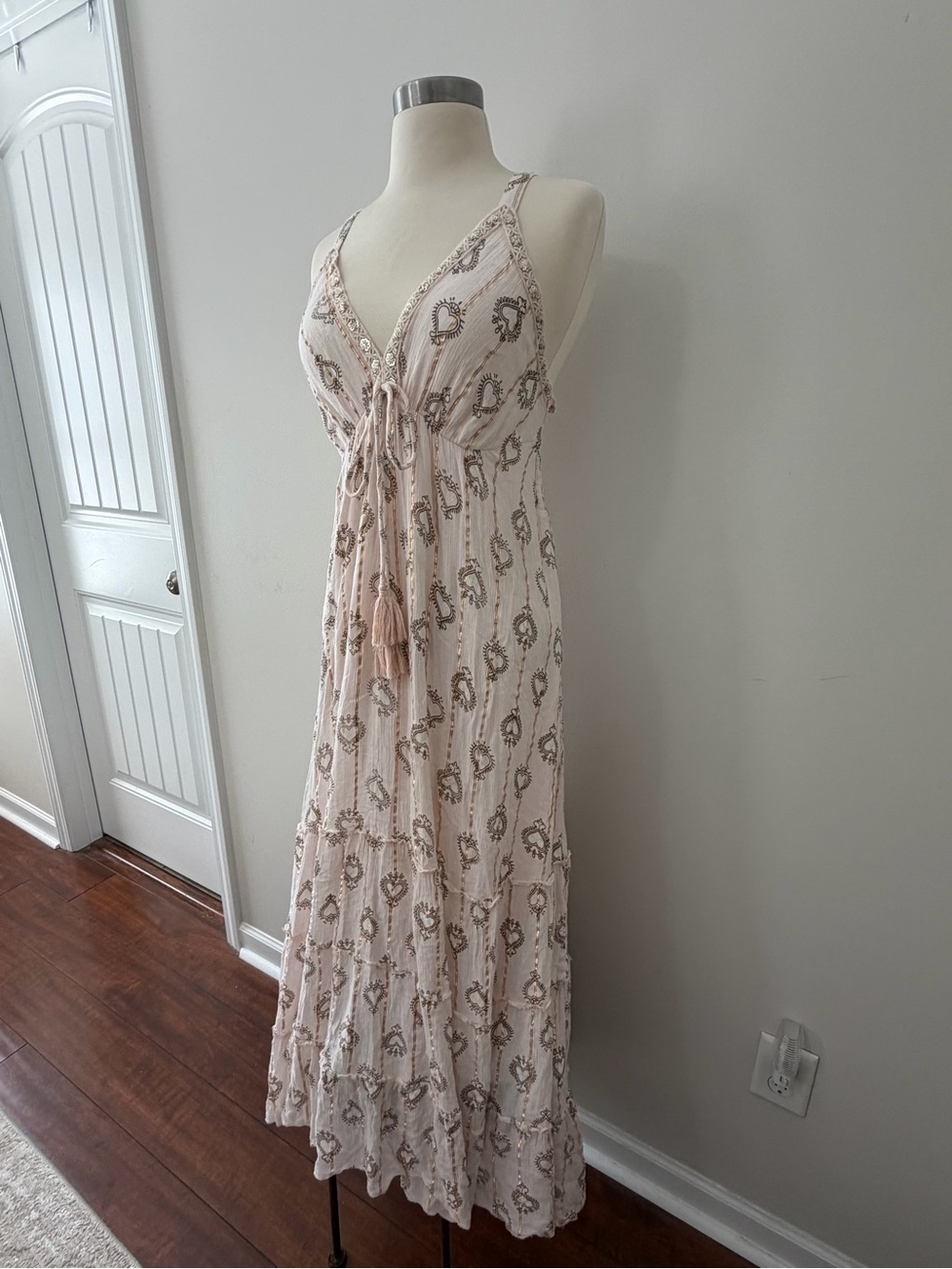 Ananta Blush Pink Embellished Boho Maxi Dress Tassel Tie OS Boho Chic Romantic - Picture 8 of 11